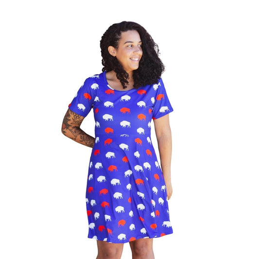 woman in royal blue red and white buffalo print dress white background - Little Gift Nook