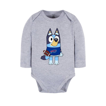 Blue_Dog_Buffalo_Football_Tshirts. Light gray onesie with blue dog in jersey on front.  baby sizes. Little Gift Nook