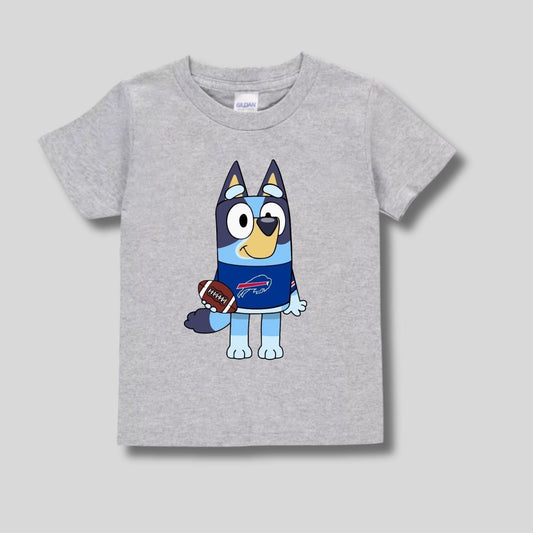 Blue_Dog_Buffalo_Football_Tshirts. Light gray tshirt with blue dog in jersey on front.  Toddler sizes. - Little Gift Nook