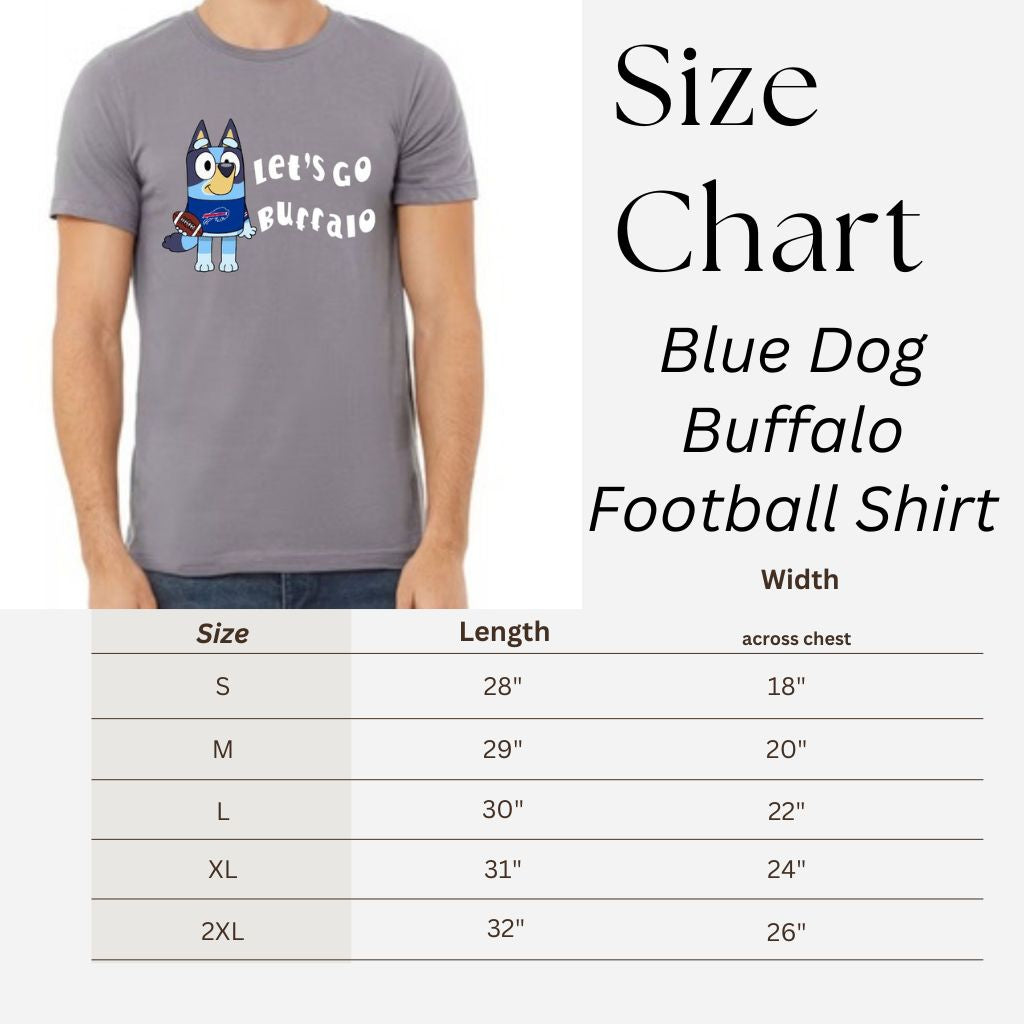 Size chart for gray buffalo football cartoon dog t-shirt.