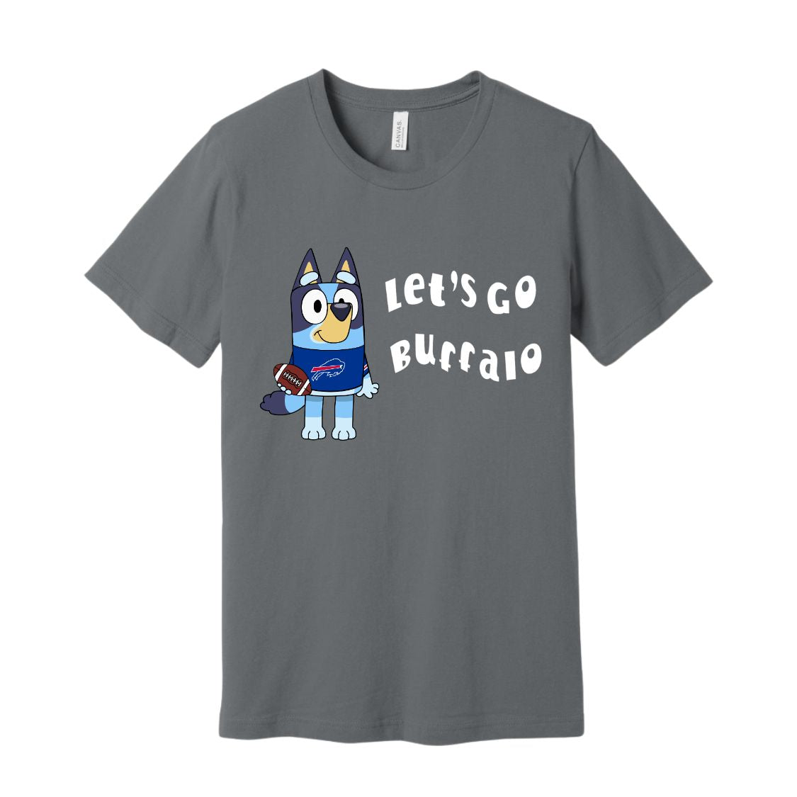 Gray tshirt with blue cartoon dog in Buffalo football jersey holding football and white text" Let's Go Buffalo" on front laying on white background.