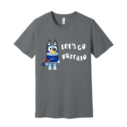 Gray tshirt with blue cartoon dog in Buffalo football jersey holding football and white text" Let's Go Buffalo" on front laying on white background.