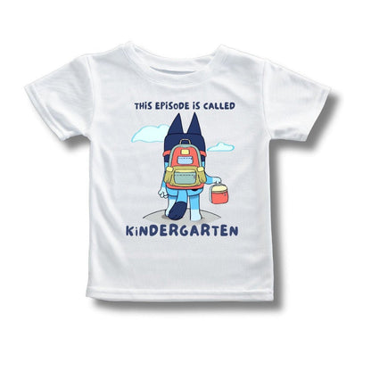 kids white blue dog back to school tshirt with "this episode is called Kindergarten" on front on a white background.