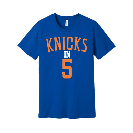 Royal blue t-shirt with orange lettering "Knicks in 5" on front sitting on a white background - Little Gift Nook