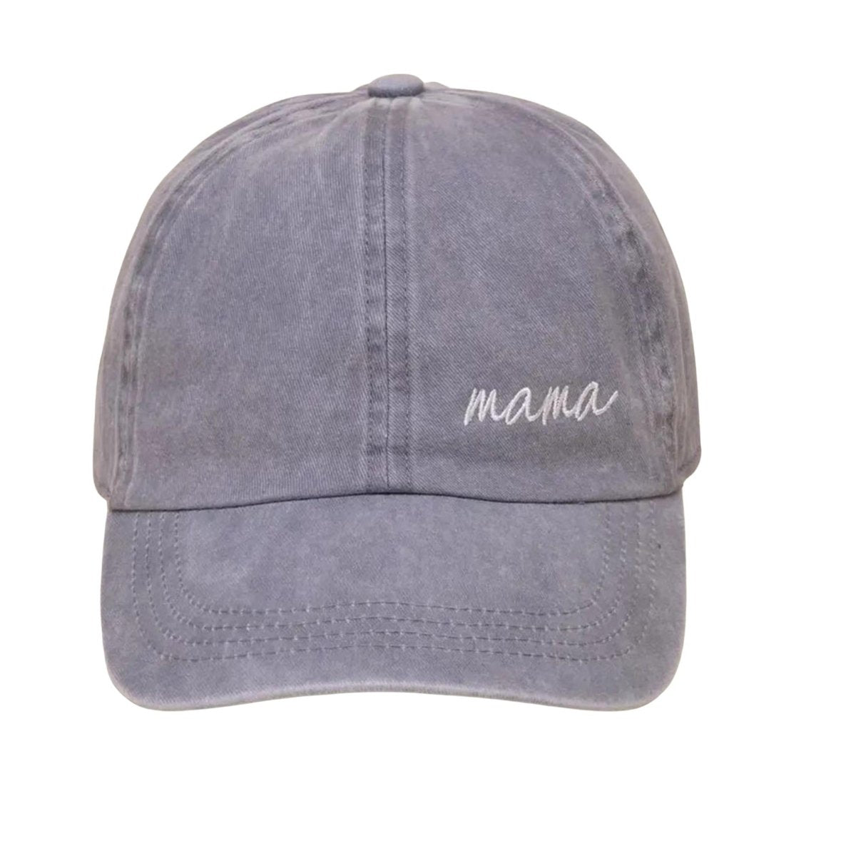 Denim Blue cursive embroidered mama baseball cap sitting on white background