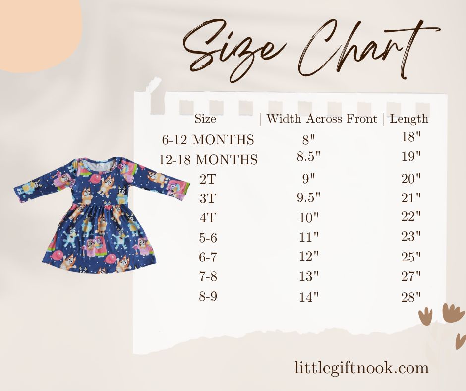 Blue Bingo Inspired Long Sleeve Dress size chart- Little Gift Nook