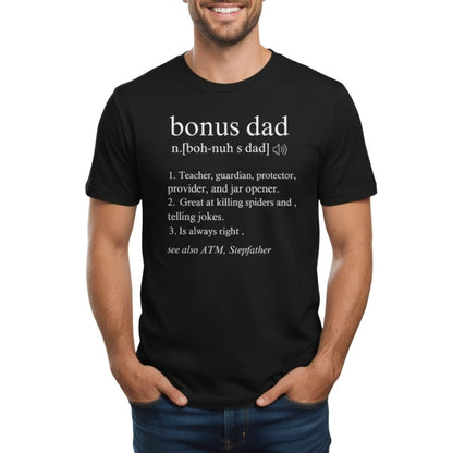 Man wearing black tshirt with white text "Bonus Dad" and description standing on white background. Little Gift Nook