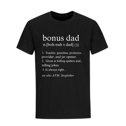 Black tshirt with white text "Bonus Dad" and description on white background. Little Gift Nook