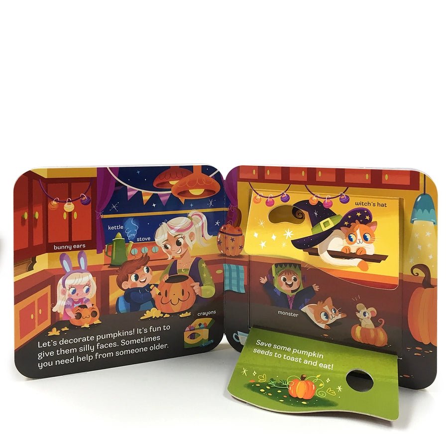 Inside pages of Boo Lift-A-Flap Halloween Board Book showing kids decorating pumpkins and flaps. - Little Gift Nook