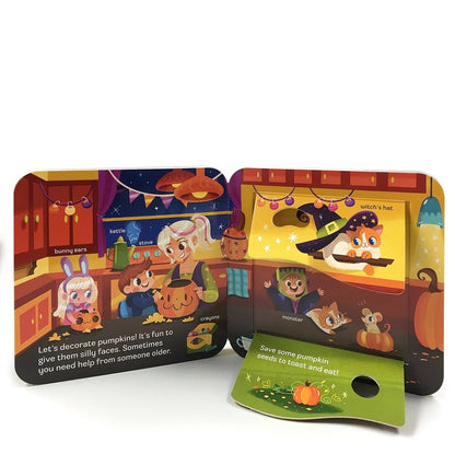 Inside pages of Boo Lift-A-Flap Halloween Board Book showing kids decorating pumpkins and flaps. - Little Gift Nook