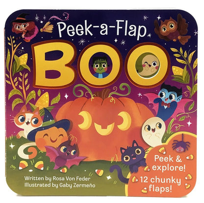 Boo Lift-A-Flap Halloween Board Book cover with pumpkin, cat, and spider on a white background.
