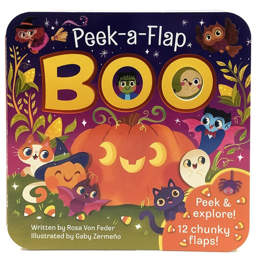 Boo Lift-A-Flap Halloween Board Book cover with pumpkin, cat, and spider on a white background.