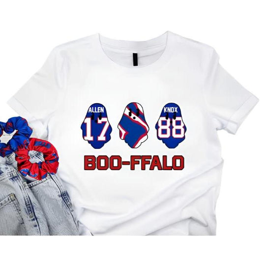 White royal blue and red ghost BOO-FFALO Buffalo football inspired tshirt for kids and adults on a white background.