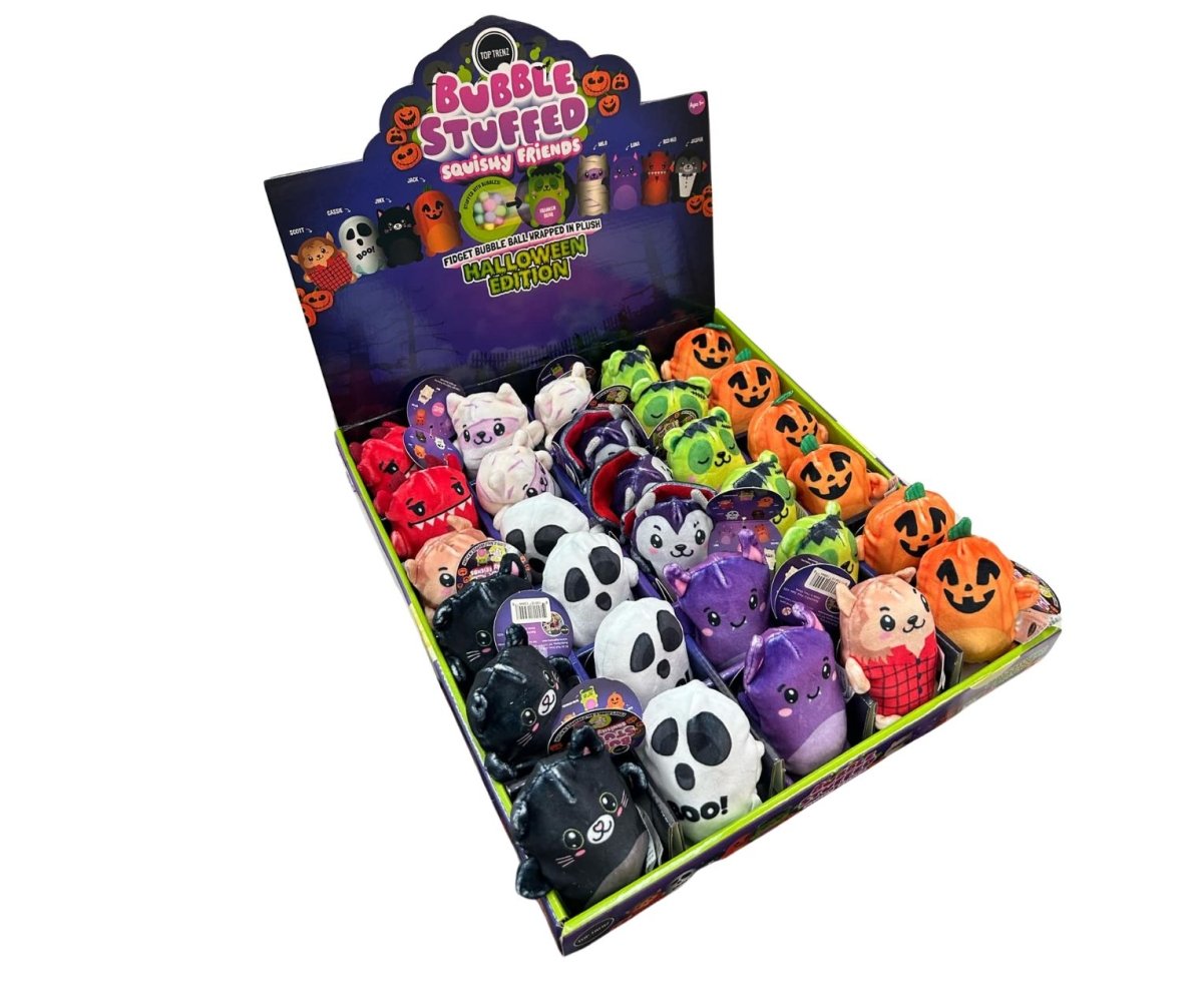 Bubble Stuffed Squishy Sensory Toy Halloween Edition small sensory plush toys in box on white background.
