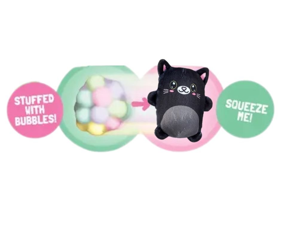 Halloween black cat plush sensory bubble stuffed squeeze toy on white background.