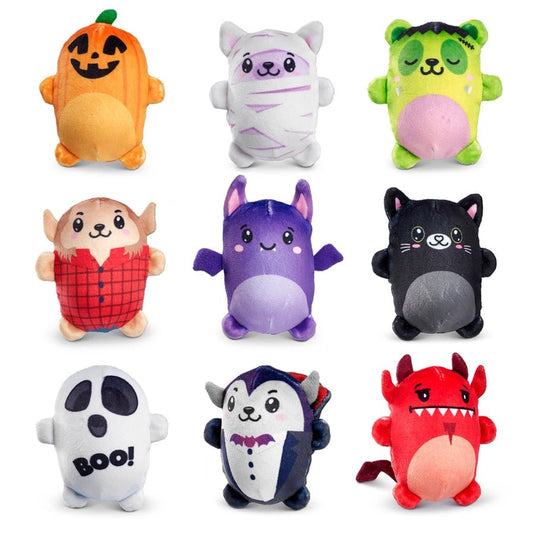 Halloween theme sensory fidget bubble stuffed character toys. 9 different plush sensory toys on white background. Little Gift Nook