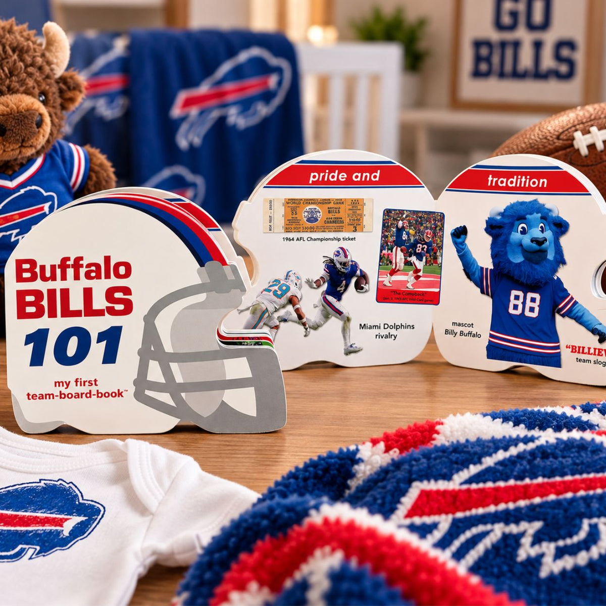 A Buffalo Bills themed children's team board book set displayed on a wooden table, featuring a helmet-shaped book titled 'Buffalo Bills 101', a 'pride and tradition' book with game and championship photos, and a 'tradition' book with a blue charging bull mascot illustration. A plush Bills jersey teddy bear, a red-and-white knit hat, and a white t-shirt are also visible in the styled setting.