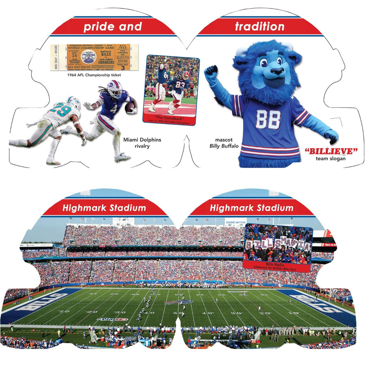 inside pages of Buffalo Bills 101 helmet shaped board book showing mascot, players, and field. 