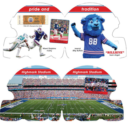 inside pages of Buffalo Bills 101 helmet shaped board book showing mascot, players, and field. 