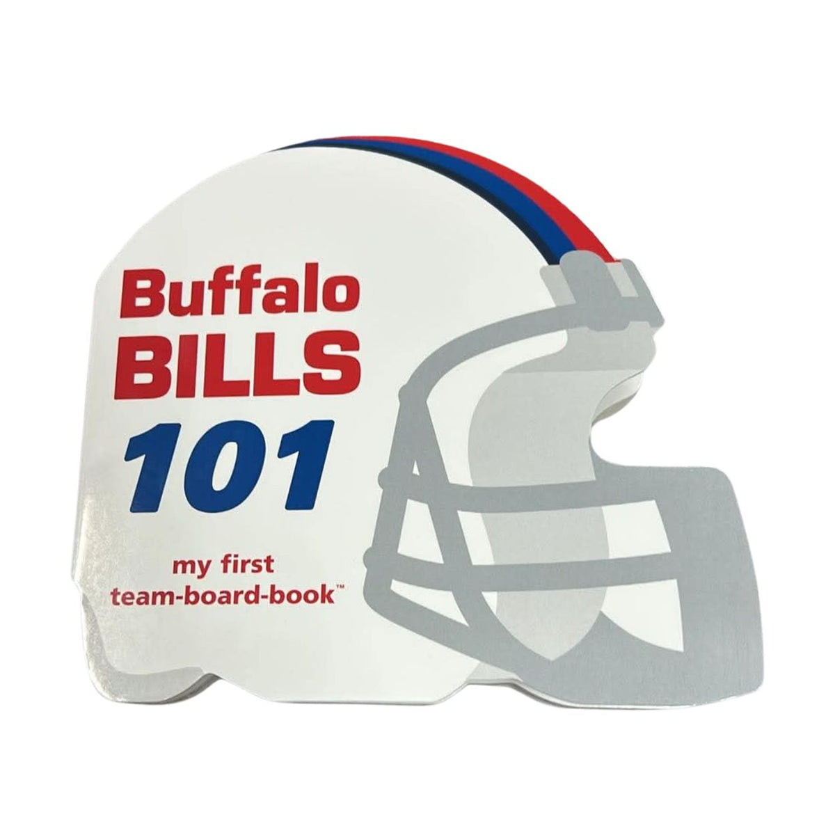 A Buffalo Bills themed team-board book shaped like a football helmet, featuring a white body with red and blue lettering and a gray face mask graphic, on a plain white background.