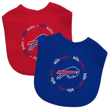 one red, one blue 2 pack baby bibs NFL Buffalo Bills print on a white background.