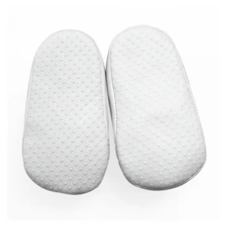 NFL Buffalo Bills soft baby shoes bottom view on a white background.