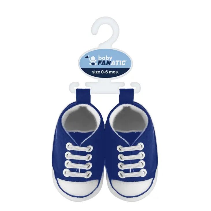Royal blue soft NFL Buffalo Bills Baby shoes top view on a white background with hanger.