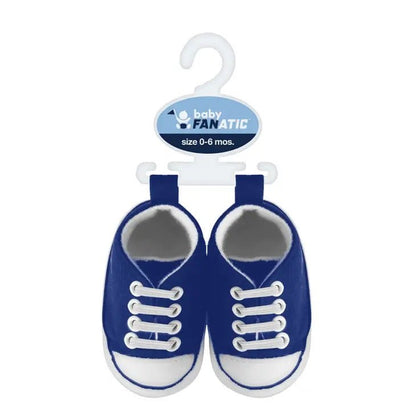 Royal blue soft NFL Buffalo Bills Baby shoes top view on a white background with hanger.