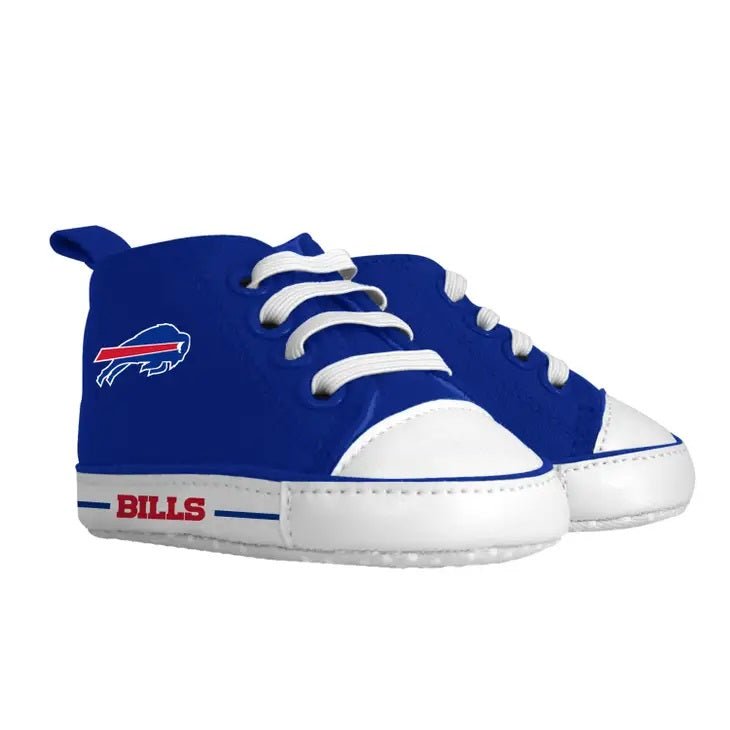 NFL Buffalo Bills soft royal blue baby shoes on a white background. Little Gift Nook