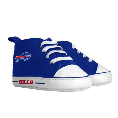 NFL Buffalo Bills soft royal blue baby shoes on a white background. Little Gift Nook