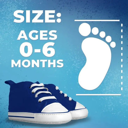 NFL Buffalo Bills royal blue soft baby shoes size chart on a blue background.