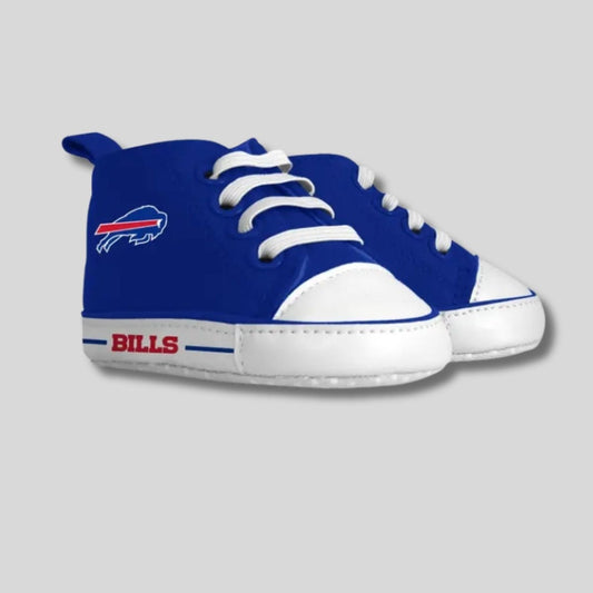 Royal blue NFL Buffalo Bills soft baby shoes on a light gray background. Little Gift Nook