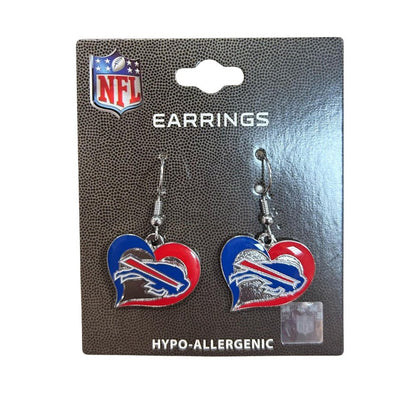 NFL Buffalo Bills Swirl Heart Earrings on package with NFL logo card sitting on white background.