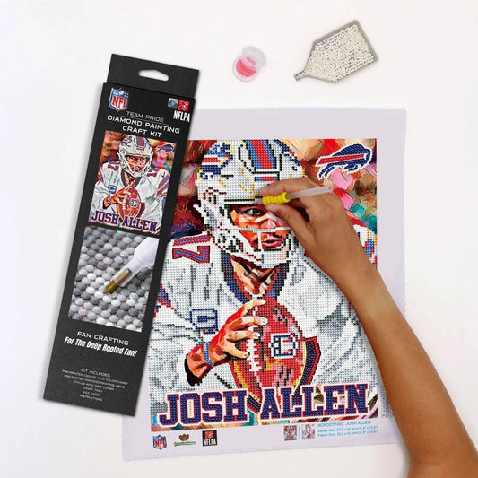 Person assembling a Buffalo Bills officially licensed Josh Allen Diamond art craft kit on white background. Little Gift Nook