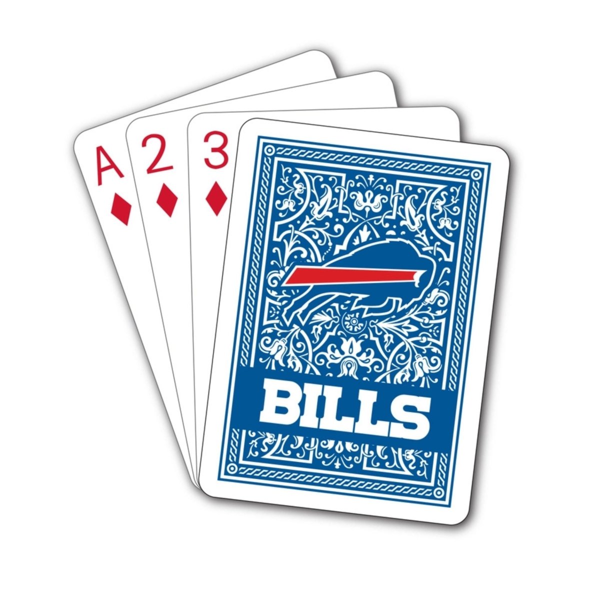 Buffalo Bills Playing Cards | Official NFL Deck in Reusable Case - full deck, blue pattern cards with Bills logo and wordmark on tops of cards - Little Gift Nook