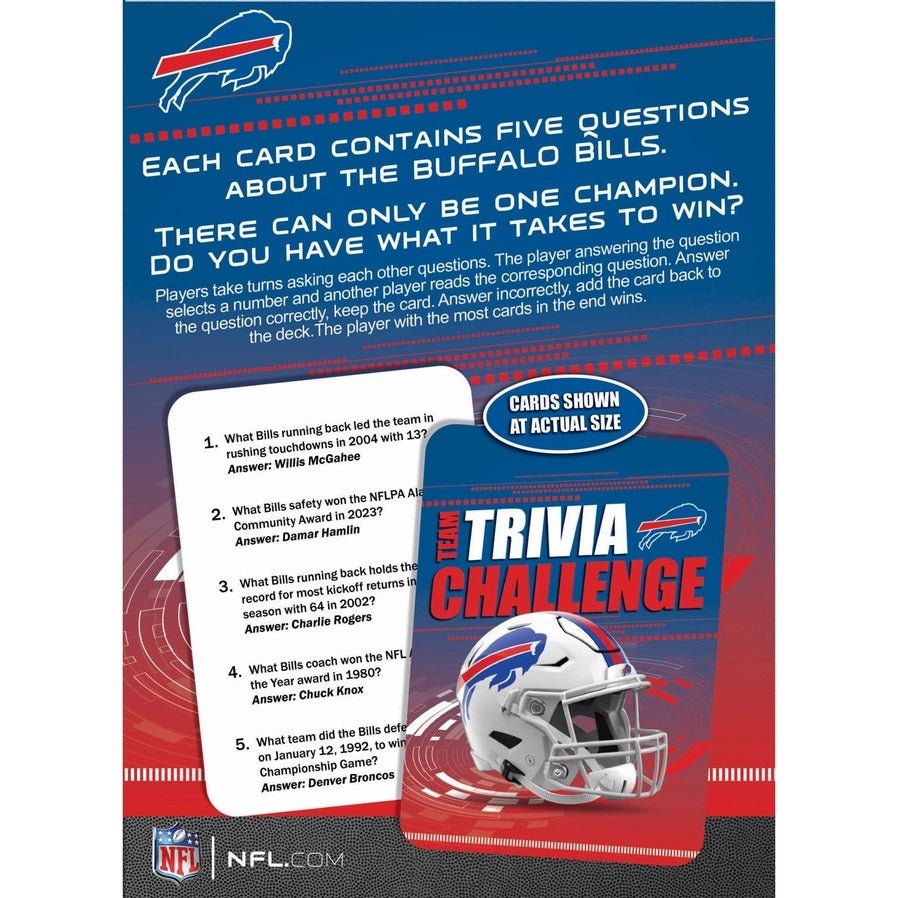 NFL Buffalo Bills trivia card game back of box on a white background.