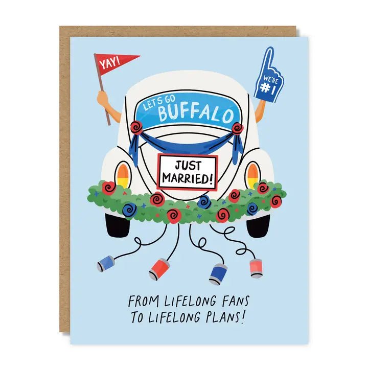 Buffalo Bills theme Just Married wedding greeting card with a brown envelope on a white background. Little Gift Nook