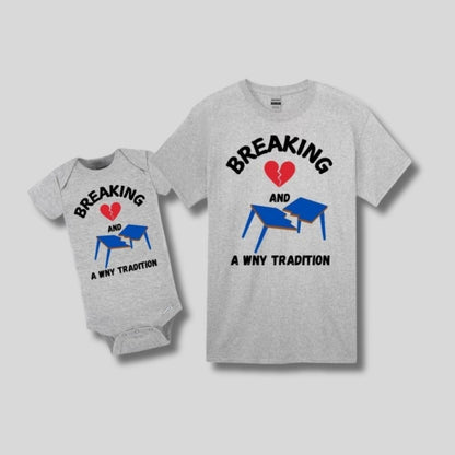 Breaking Hearts & Tables Bills Shirt - Heather Gray short sleeve baby & toddler shirts. Breaking red heart and blue broken table on front. Says WNY Tradition - shirts on gray background.
