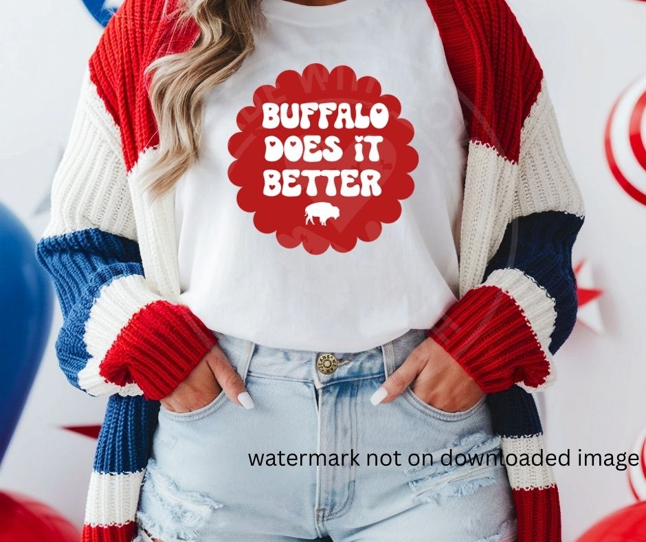 woman wearing red white blue knit cardigan and white tshirt with red scalloped circle with cut out text "Buffalo does it better" in bubble letters and buffalo silhouette image on front.