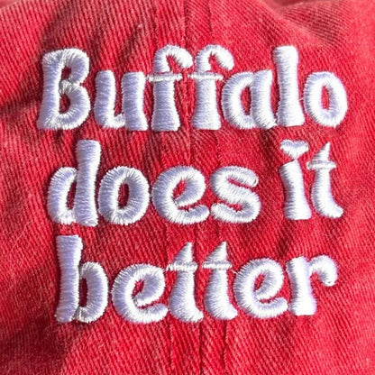 red white embroidered buffalo does it better baseball hat close up - Little Gift Nook