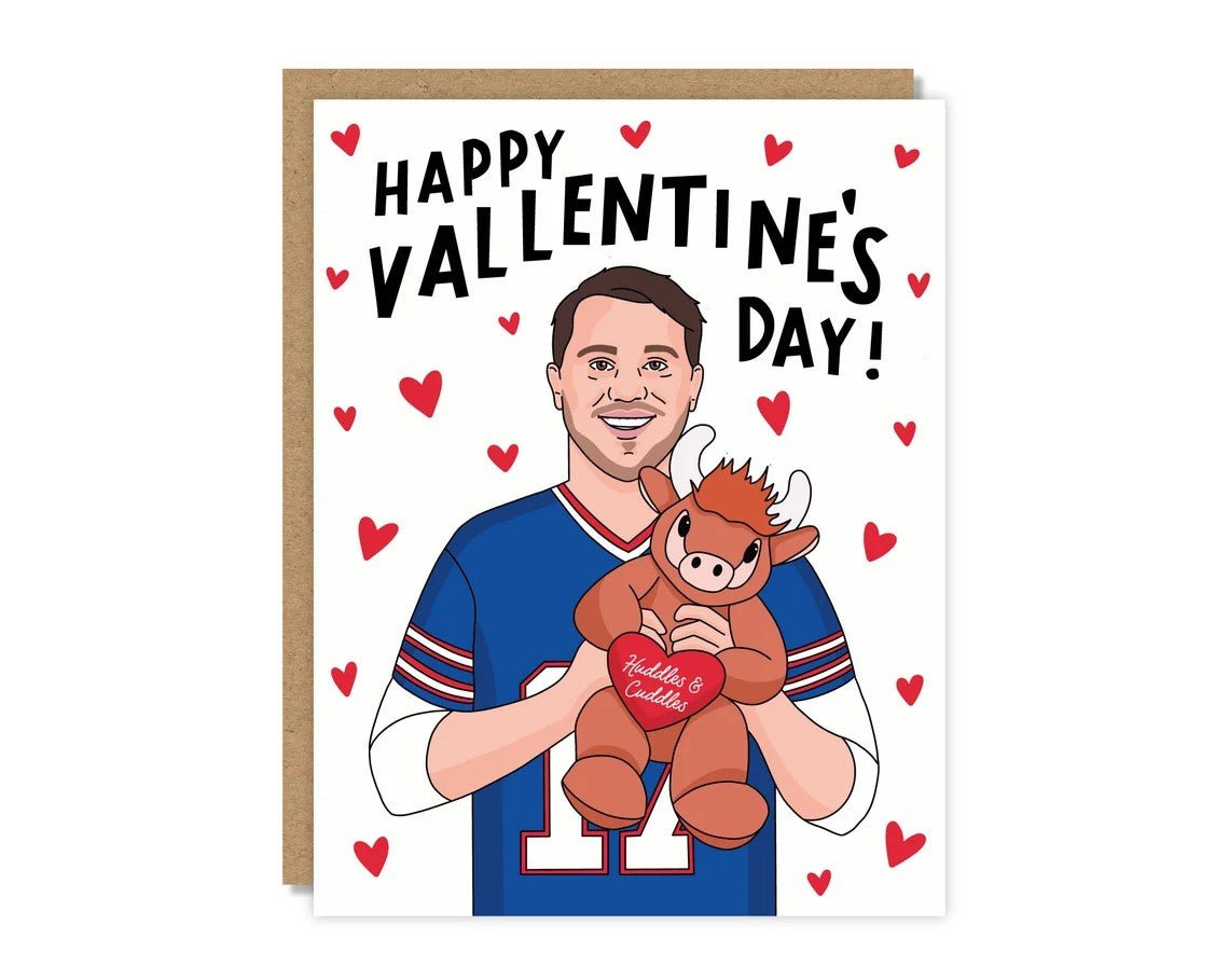 Happy Valentine's Day with Josh Allen Buffalo Bills greeting card with brown kraft envelope.