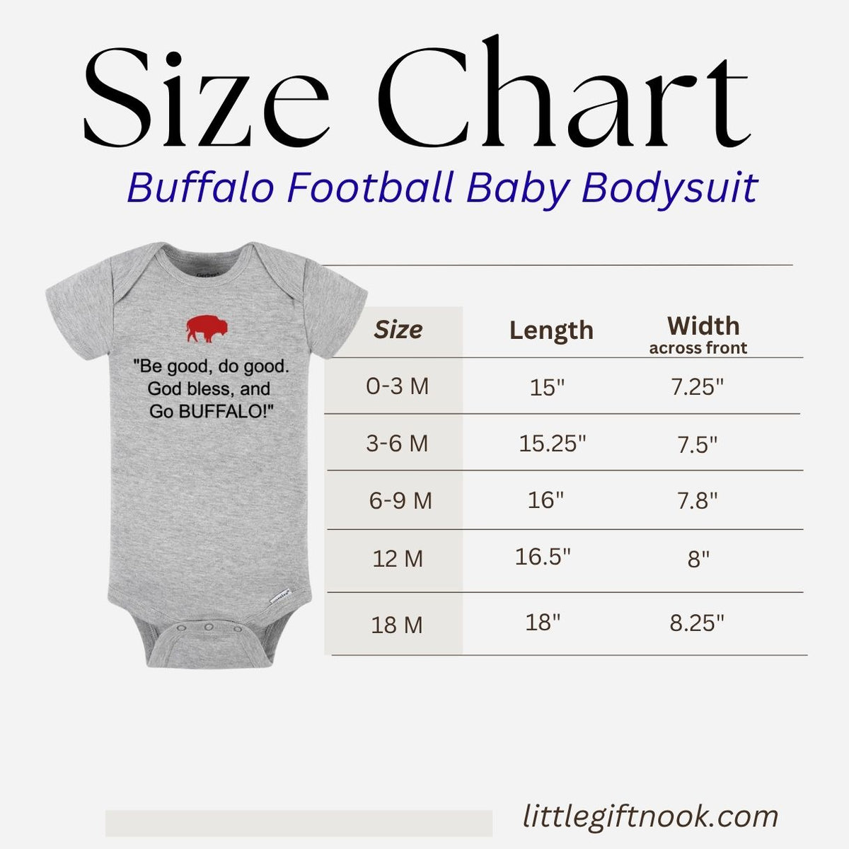 Size chart graphic for the Buffalo Football baby bodysuit, showing a light gray short-sleeve bodysuit with a red buffalo graphic and quote, alongside a size table listing measurements from 0-3 M to 18 M.
