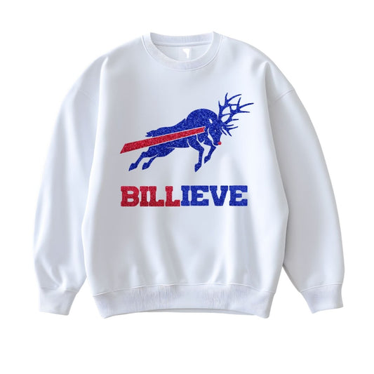 White sweatshirt with blue and red glitter buffalo football theme reindeer and BILLEVE under it on a white background. Little Gift Nook