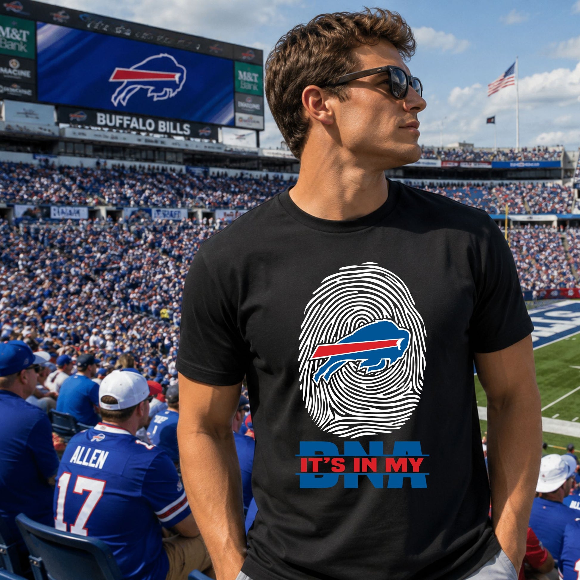 Man wearing a black t-shirt with "In my DNA" thumb print and buffalo football logo at a football game background.