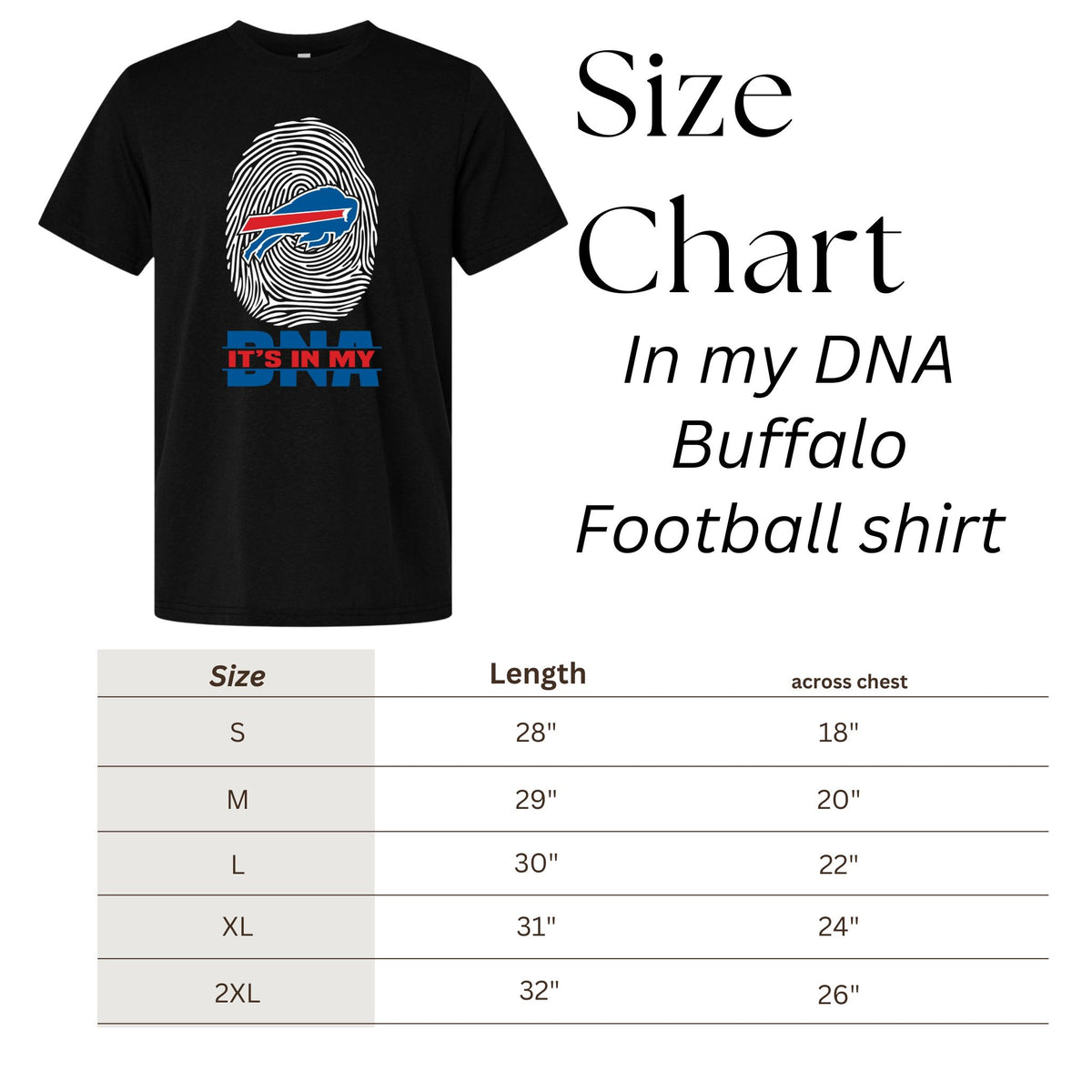Black t-shirt with 'In my DNA Buffalo Football' design and size chart on a white background.