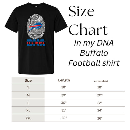 Black t-shirt with 'In my DNA Buffalo Football' design and size chart on a white background.