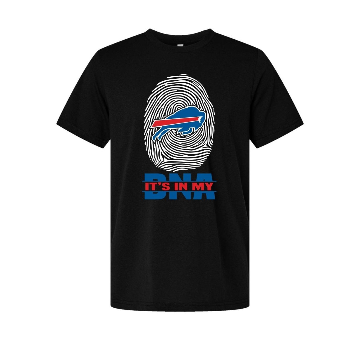 Black tshirt with white thumb print and Bills logo in my DNA on front sitting on white background. 