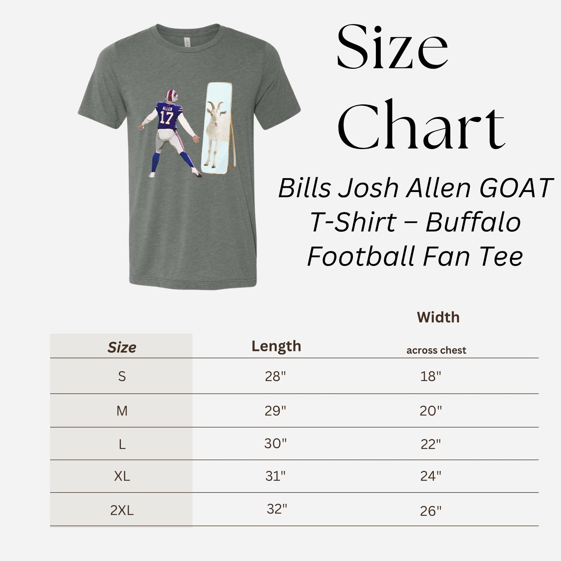 Adult size chart for gray Buffalo football Josh goat G.O.A.T t-shirt.