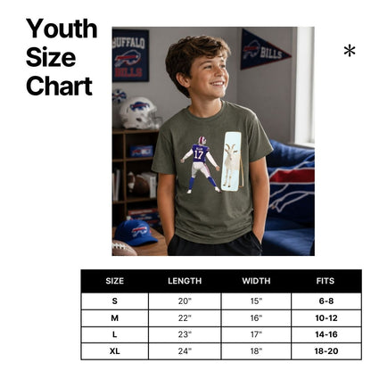 Boy wearing gray Buffalo football Josh GOAT tshirt size chart.