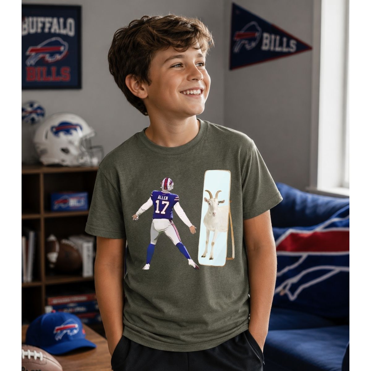 Child wearing gray Buffalo football Josh looking in mirror with goat t-shirt in a bedroom Buffalo football themed.